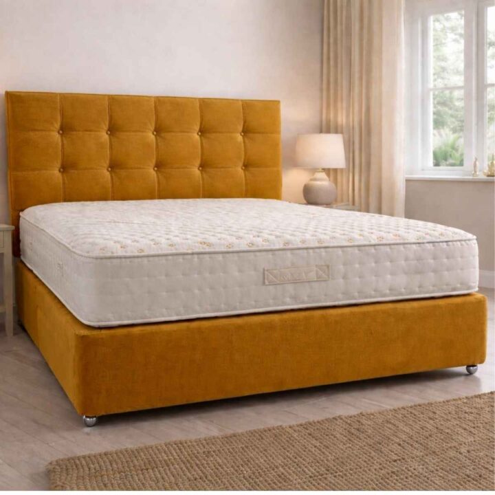 Sleep United 3000 GTE firm support gel foam mattress with Emerald headboard in opulence saffron
