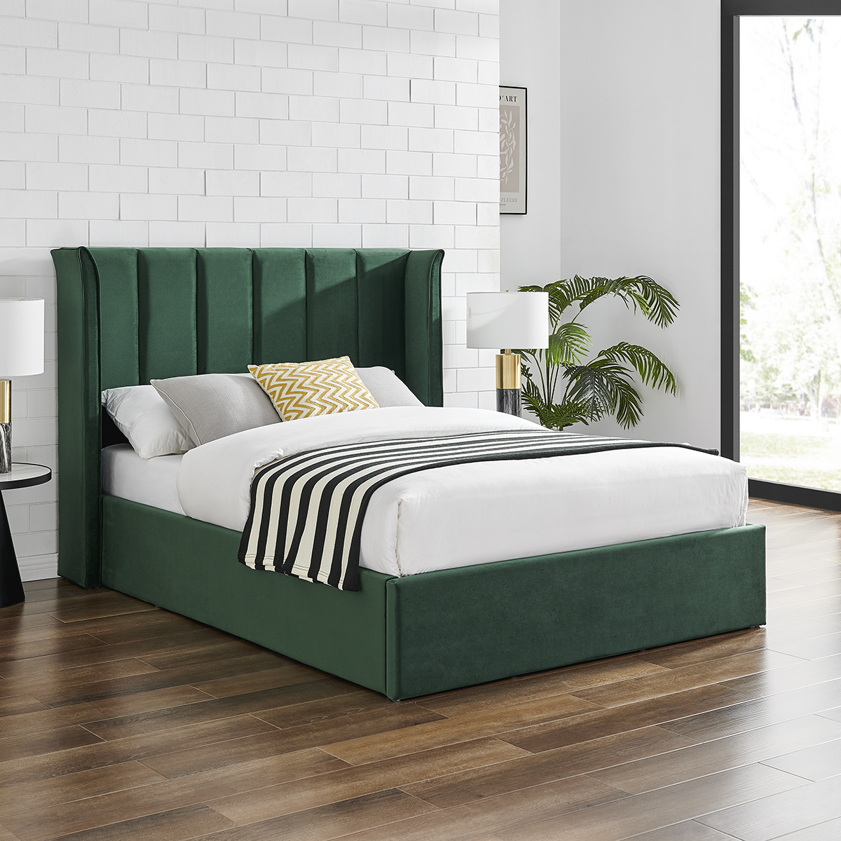 Polaris emerald green velvet ottoman storage bed