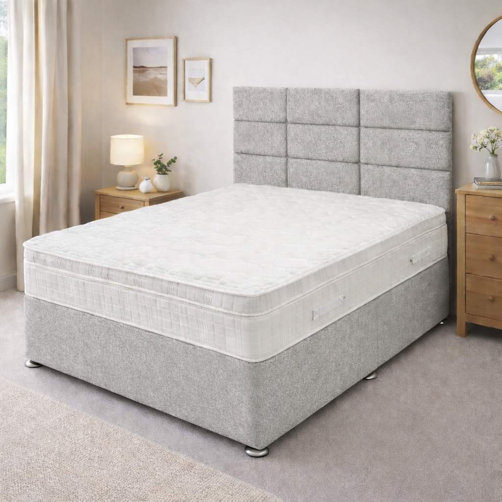 NE-4000 Mattress with Ruby square upholstered headboard in york seal grey