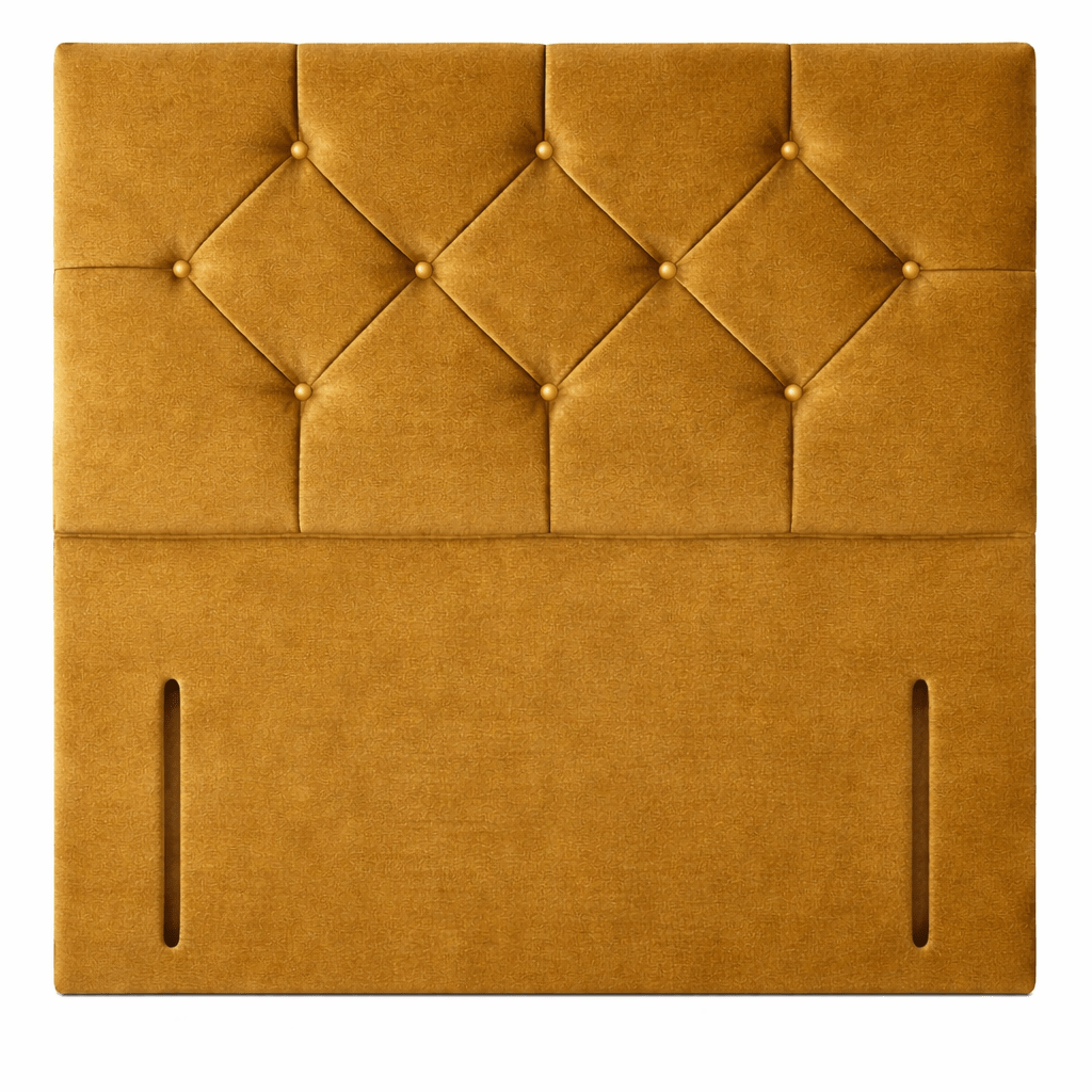 Coral floorstanding headboard opulence saffron Plush mustard velvet headboard with button detailing