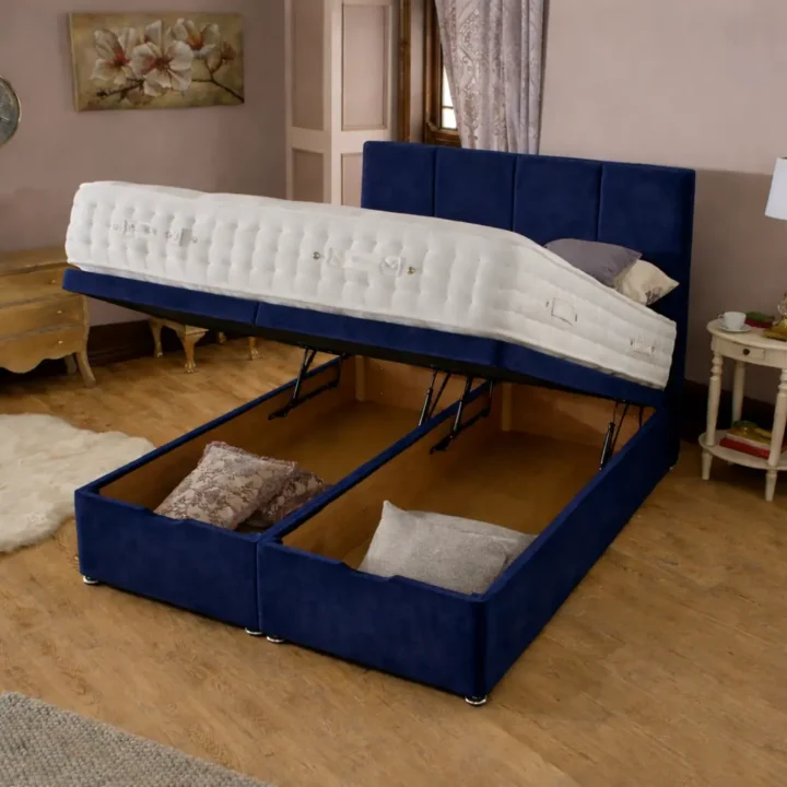 Endlift ottoman in blue velvet corrace fabric