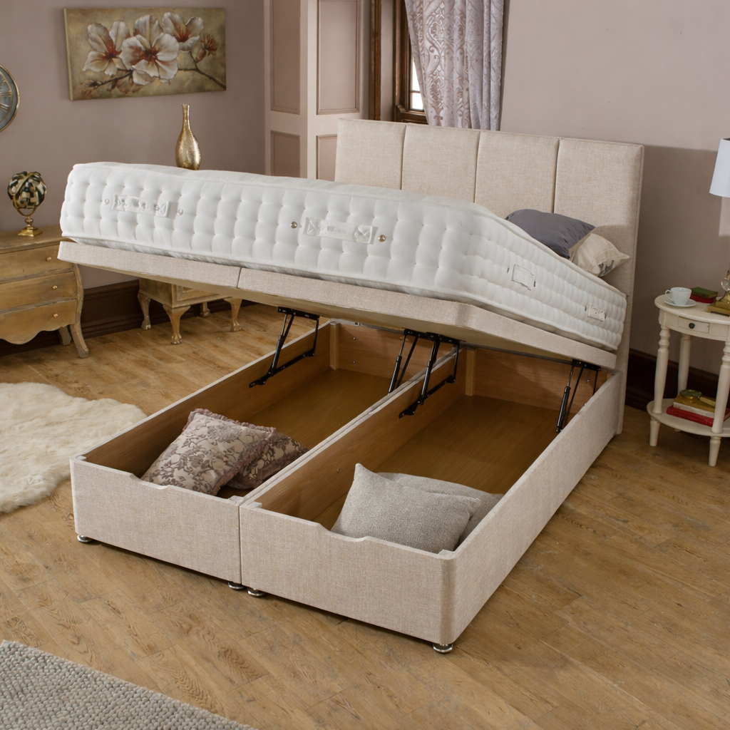 Endlift Storage Divan Bed in textured cream fabric