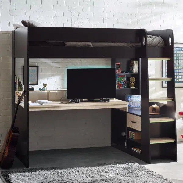 Black highsleeper with desk and storage