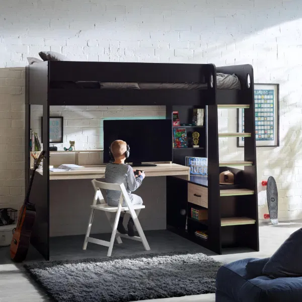Black highsleeper with desk and storage