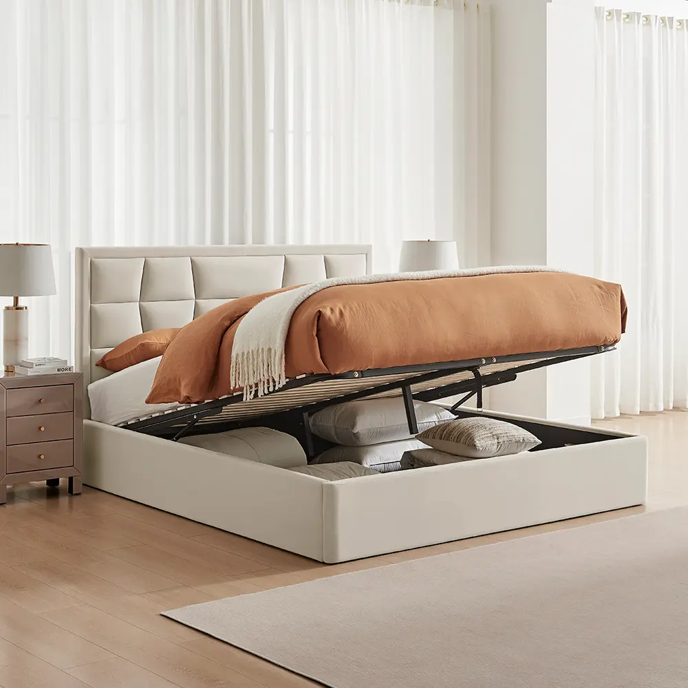 Carmen endlift ottoman bed in natural velvet fabric