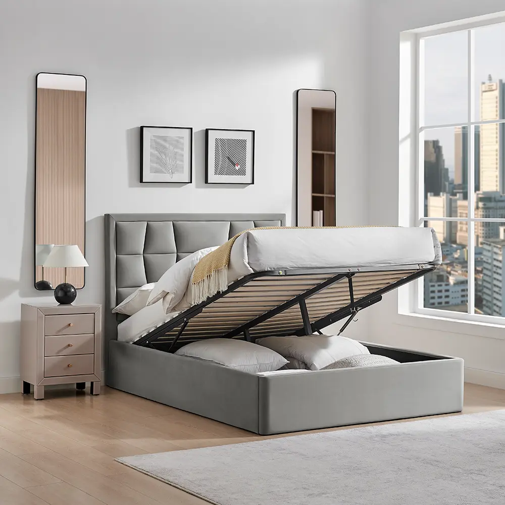Carmen endlift ottoman bed in silver velvet fabric