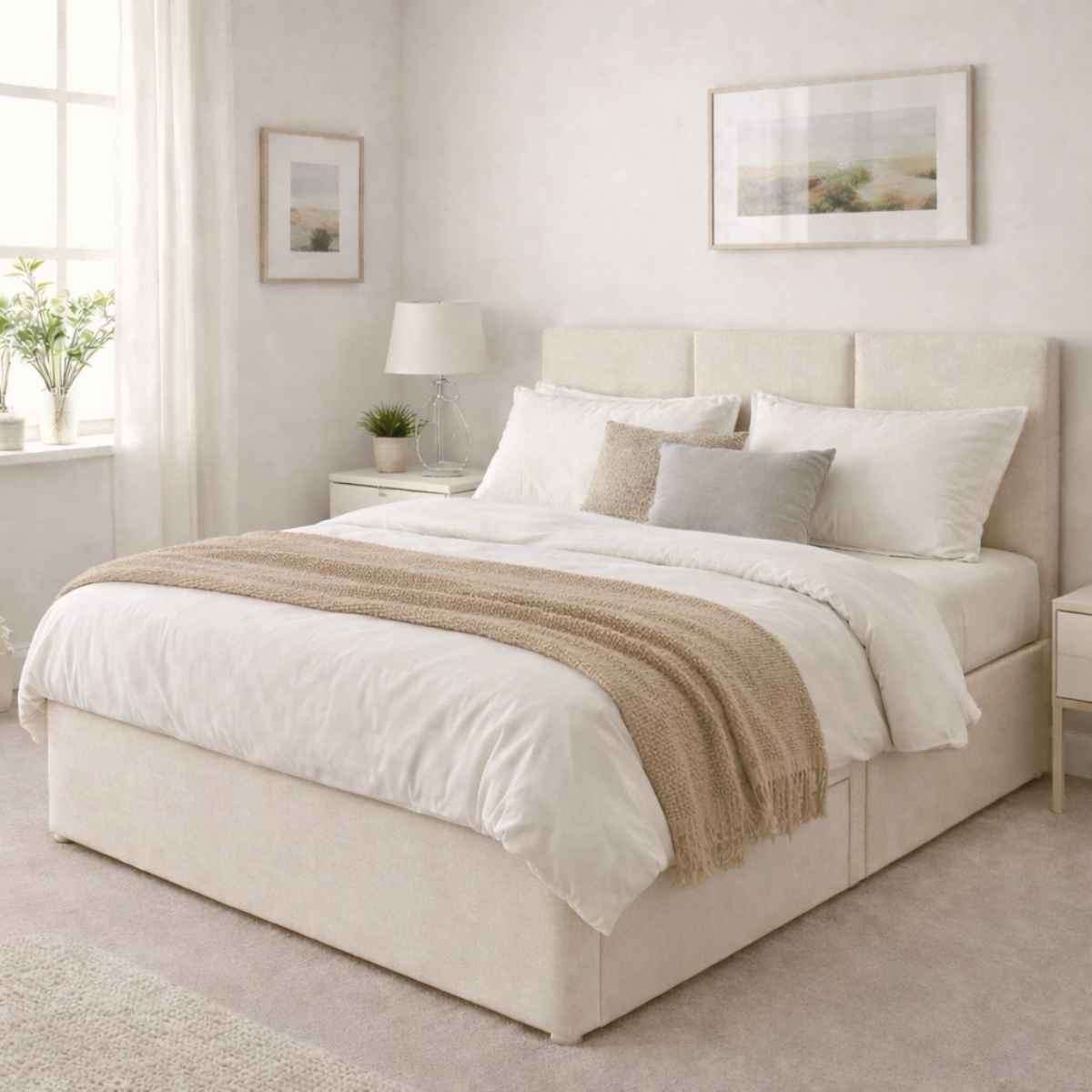 Jasper three panel upholstered headboard with divan in ivory corrace