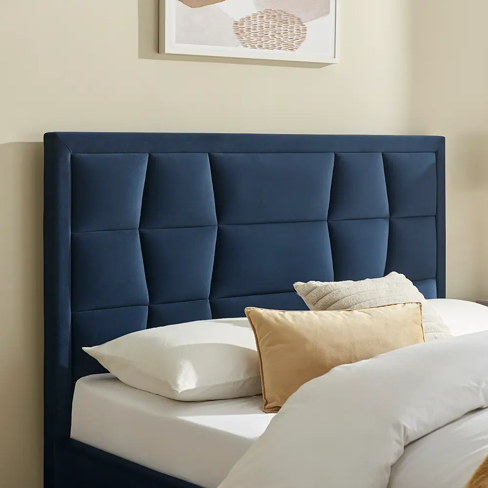 carmen blue ottoman bed headboard Geometric headboard design in blue velvet