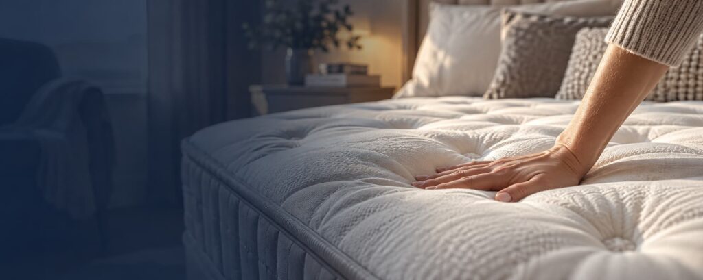 Person testing the firmness of a mattress