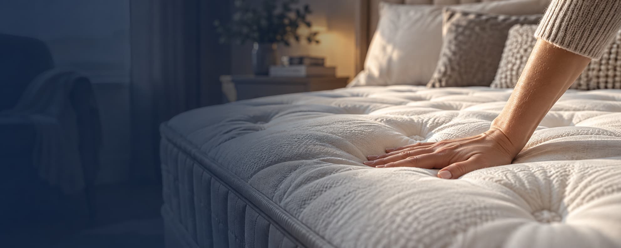 Person testing the firmness of a mattress